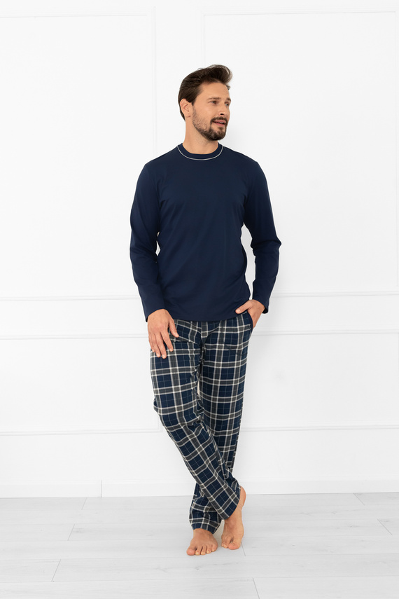 Pijama pentru bărbați Andreas - mânecă lungă, pantaloni lungi, bumbac Modă italiană - albastru navy/print 