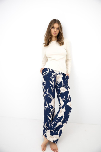 Sensis Azelia Pijamale damă din bumbac ecru cu pantaloni lungi și imprimeu floral