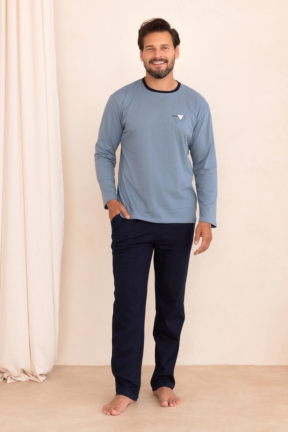 Pijamale bărbați Regina 6009 100% bumbac mânecă lungă pantaloni lungi confort albastru