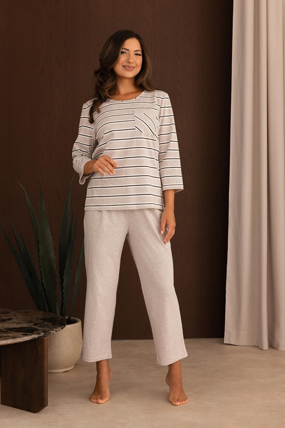 Pijamale damă Regina 4025 100% bumbac, dungi, mâneci și pantaloni 7/8 - bej