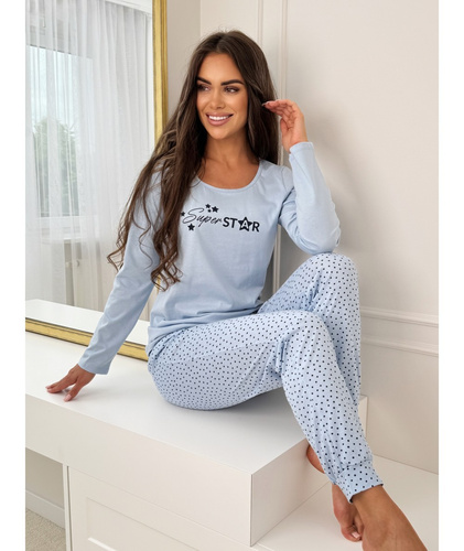Pijamale lungi pentru femei Donna Star, albastru - bumbac, mâneci lungi, ambalate într-o pungă de plastic