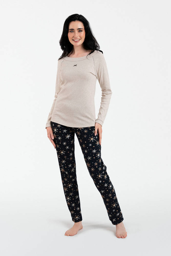 Denali Pijama de damă cu mânecă lungă, pantaloni lungi Italian Fashion- bej melange/print