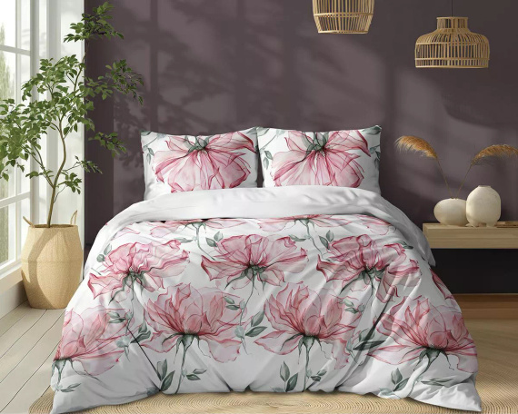 5770 A Lenjerie de pat din bumbac Cotton Bloom Detexpol, albă cu flori roz mari – 100% bumbac, față-verso, producție poloneză