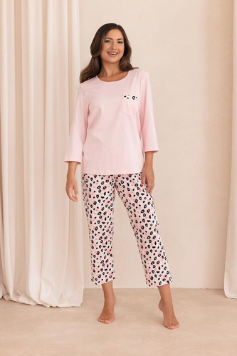 Pijamale damă Regina 4018 Bumbac 100% Mâneci 7/8 Pantaloni 7/8 Model cu pete roz