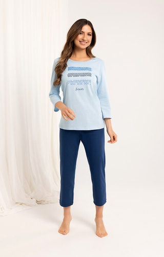 709 Pijamale de damă din bumbac albastru – mâneci 3/4, pantaloni 3/4, imprimeu colorat