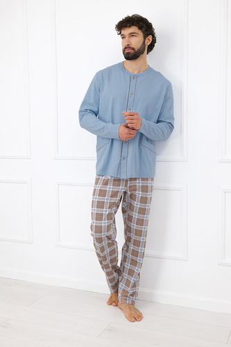 Italian Fashion Wilhelm Pijamale bărbați 100% bumbac cu nasturi, în carouri - cappuccino