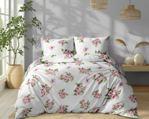 5766 A Lenjerie de pat din bumbac Cotton Bloom Detexpol, albă cu flori roz – 100% bumbac, față-verso, producție poloneză