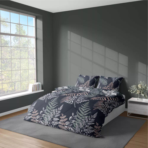 5036 A Lenjerie de pat din microfibră Detexpol cu frunze de ferigă, bleumarin