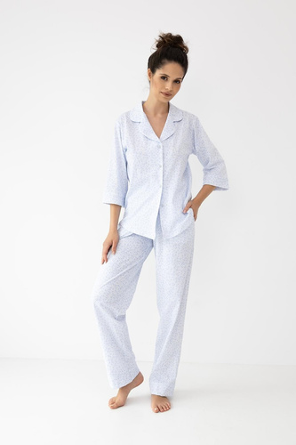 Pijama damă Paloma Sensis din 100% bumbac – imprimeu floral, nasturi, guler, pantaloni lungi, confort elegant