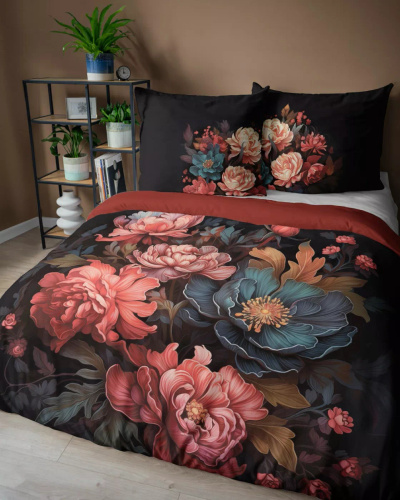 Set de lenjerie de pat 5116 A Holland Detexpol din bumbac, negru cu motiv de bujor – 100% bumbac, față-verso, producție poloneză