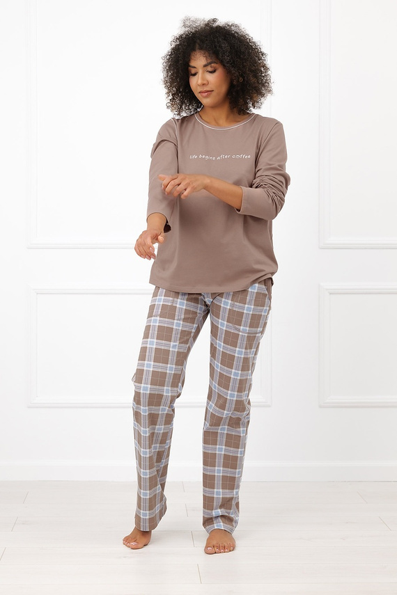 Pijamale damă Italian Fashion Delma 100% bumbac, pantaloni lungi în carouri cappuccino