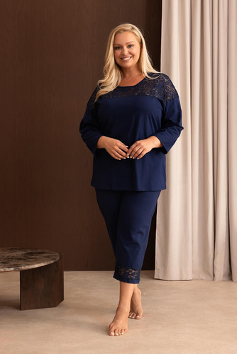 Pijamale damă Regina 4014 100% bumbac dantelă mânecă lungă 3/4 - bleumarin