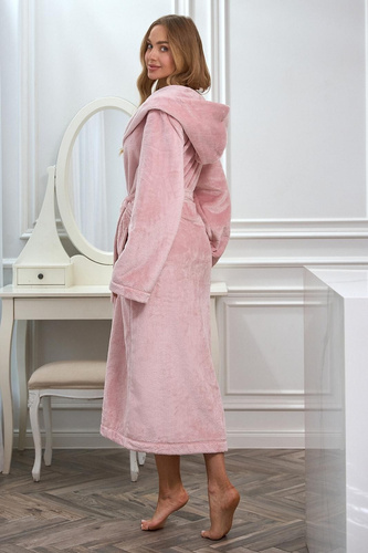 L&L 2602 Honey Halat lung de damă cu glugă, moale, cu cordon, roz pudrat