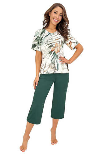 Donna Olivia 3/4 Pijamale damă din vâscoză ecru-verde, pantaloni 3/4