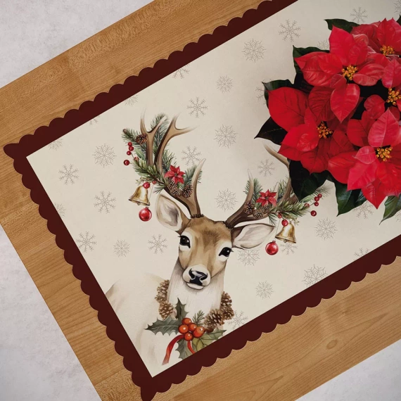 PBN288 Runner de masă de Crăciun cu cerb vintage Marquisette, bej