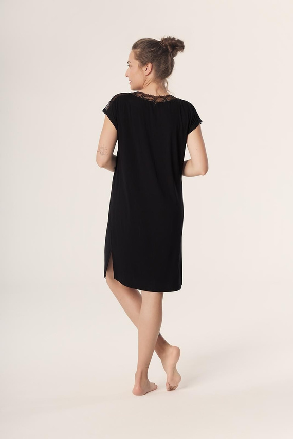 Cămașă de noapte neagră Petra KB59 Mefemi Nipplex – viscoză, dantelă, mâneci scurte, deasupra genunchiului