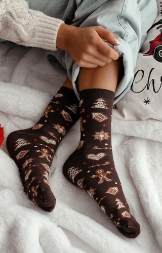 1283-038 Șosete de damă cu imprimeu de turtă dulce Milena maro - festive, colorate, bumbac