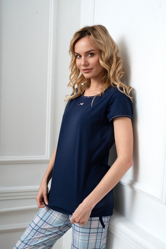 Glamour Ladies' pijama cu mânecă scurtă și pantaloni lungi Italian Fashion - albastru navy/print