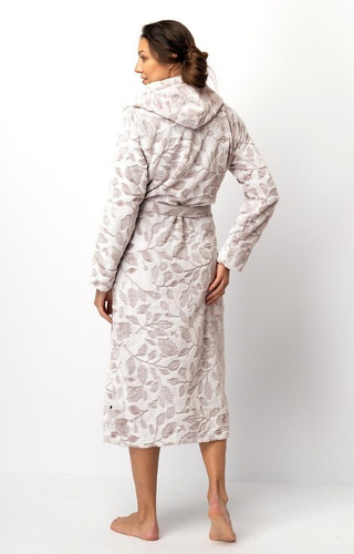 Halat de baie pentru femei LGL 545 Key ecru-mocca – moale, cu glugă, legat în talie