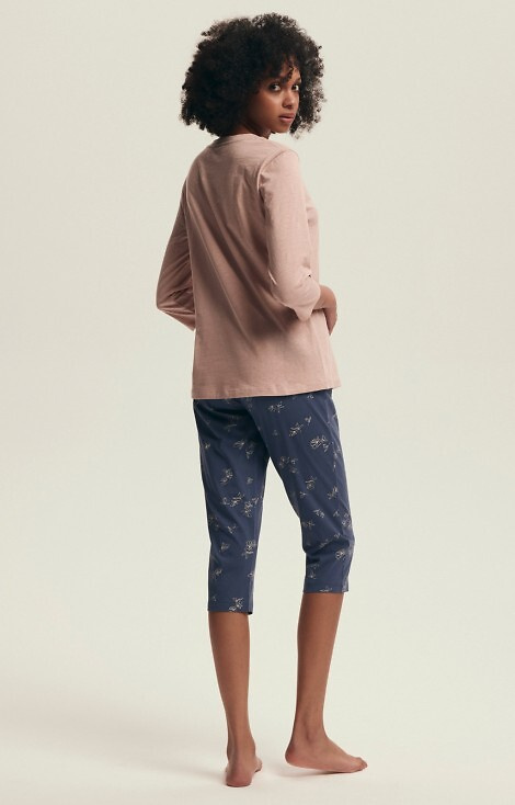 Pijamale Delanie Henderson roz din bumbac pentru femei, cu mâneci 3/4 și pantaloni Capri