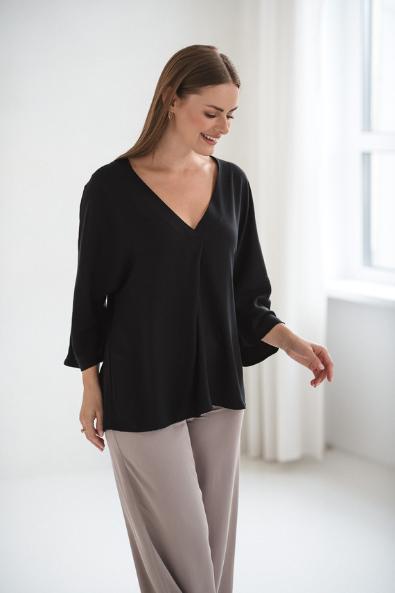 Bluză de maternitate Mamafullness Milk&Love, neagră – viscoză, mâneci 3/4, oversize