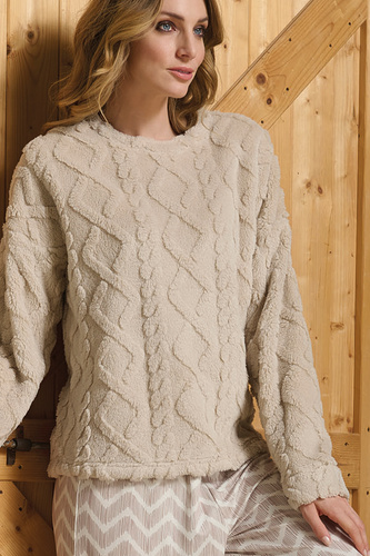 Pijamale Sofie Sorbetto bej pentru femei - Sherpa călduroasă, Palazzo, elegante și moi