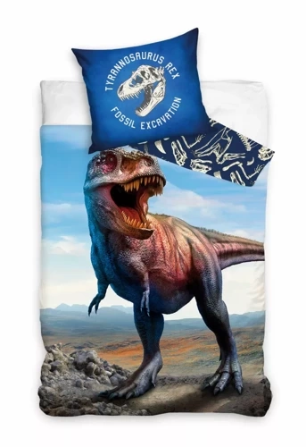 Lenjerie de pat din bumbac albastru T-REX Dinosaur C24 Carbotex