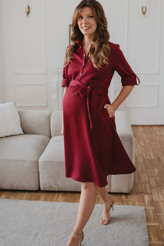 Rochie cămașă midi pentru sarcină și alăptare din modal cu capse și curea Milk&Love Polska - bordo
