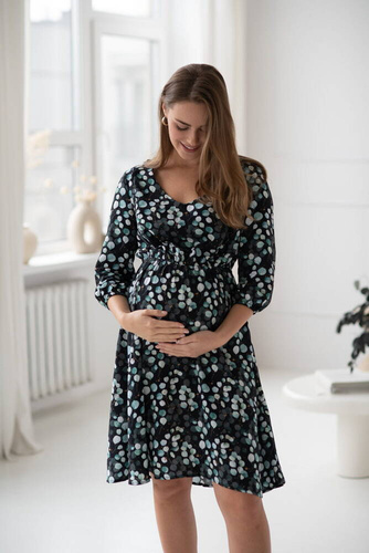 Lovely Dress Rochie midi de maternitate si alaptare cu maneci 3/4 Milk&Love cu frunze de eucalipt