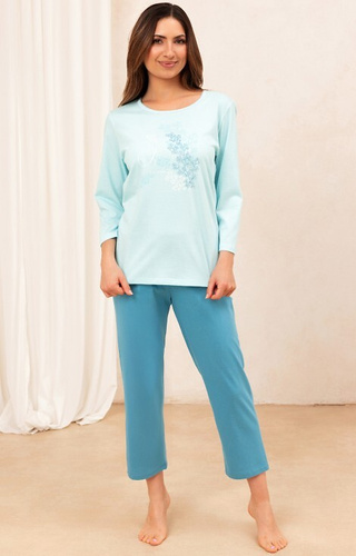 706 Pijamale de damă din bumbac turcoaz - mâneci 3/4, pantaloni 7/8, imprimeu decorativ