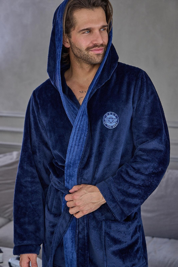 L&L 2663 Active Halat de baie bărbați lung cu glugă moale Navy