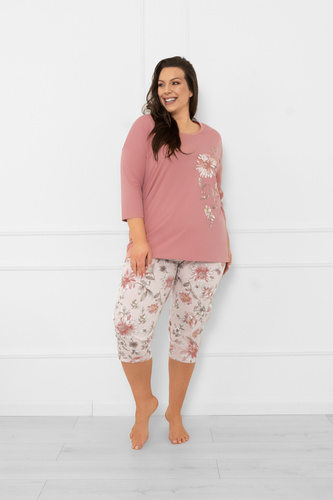 Pijama pentru femei Akita - bumbac, mâneci 3/4 și pantaloni 3/4, model floral Italian Fashion  