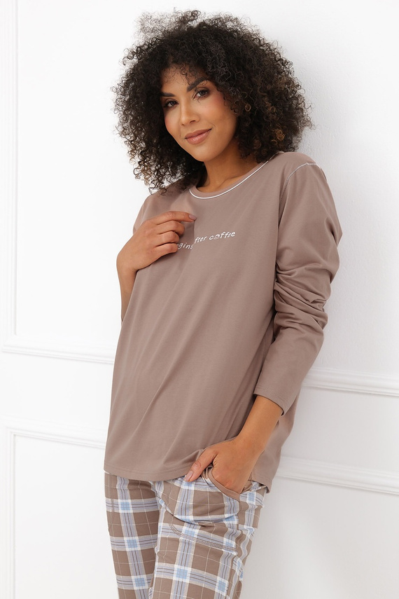 Pijamale damă Italian Fashion Delma 100% bumbac, pantaloni lungi în carouri cappuccino
