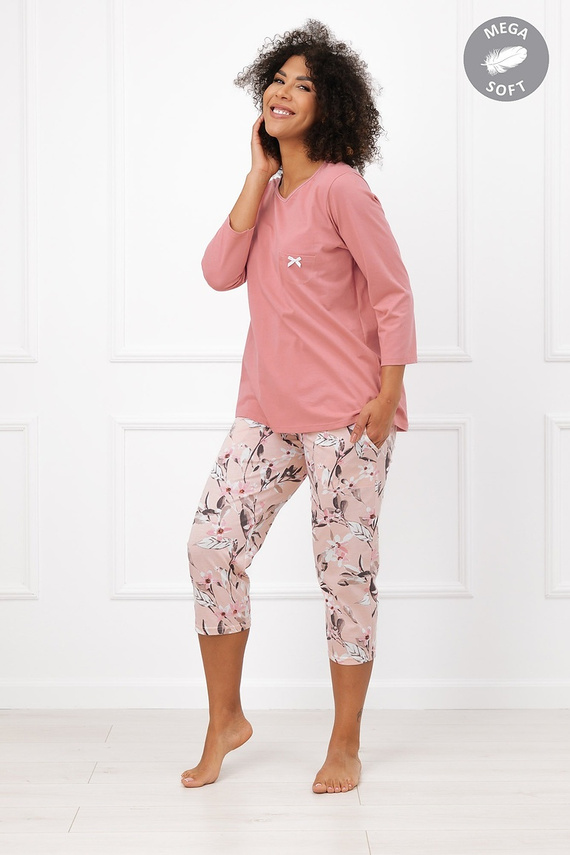 Italian Fashion Kafelia Pijamale damă Mega Soft 3/4 cu flori și buzunar