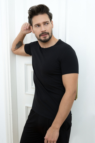 Ikar Tricou pentru bărbați, gât tip bufantă Modă italiană - negru 