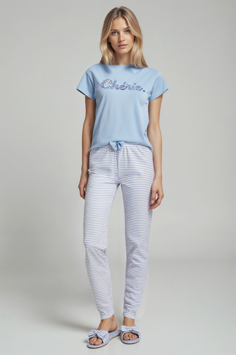 Juliana Sorbetto albastru – pijamale de dama 100% bumbac, cu broderie si pantaloni lungi cu dungi