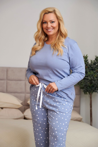 Pijamale damă Doctor Nap 7555, 100% bumbac, albastru, pantaloni lungi, model cu stele