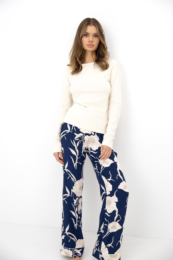 Sensis Azelia Pijamale damă din bumbac ecru cu pantaloni lungi și imprimeu floral