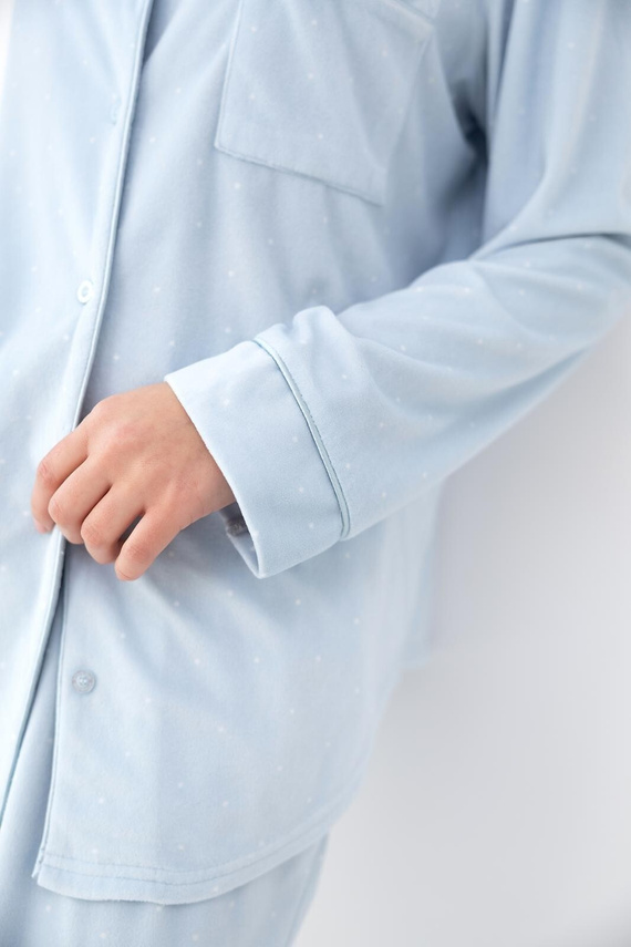 Sensis Isolde pijama damă albastră cu buline, din velur, cu nasturi
