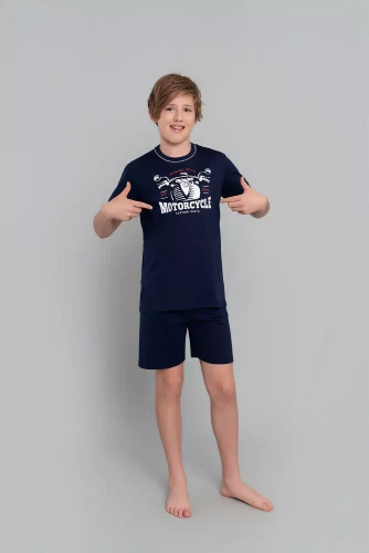 Pijama cu mânecă scurtă pentru băieți Gibson, pantaloni Italian Fashion - albastru marin