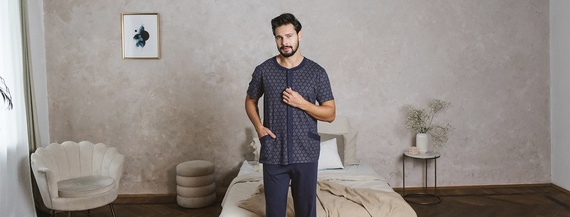 Ricardo Pijama cu mânecă scurtă pentru bărbați, pantaloni lungi Italian Fashion - albastru marin