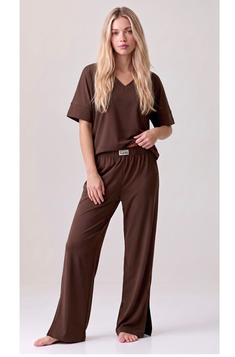 Luna 1314 pijama damă oversize maro 100% bumbac pantaloni largi