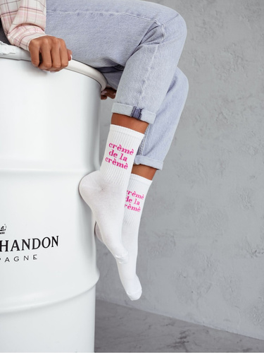 0200-164 Ciorapi dama Creme De La Creme Milena - albi cu 2 inscriptii roz