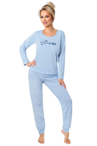Pijamale lungi pentru femei Donna Star, albastru - bumbac, mâneci lungi, ambalate într-o pungă de plastic