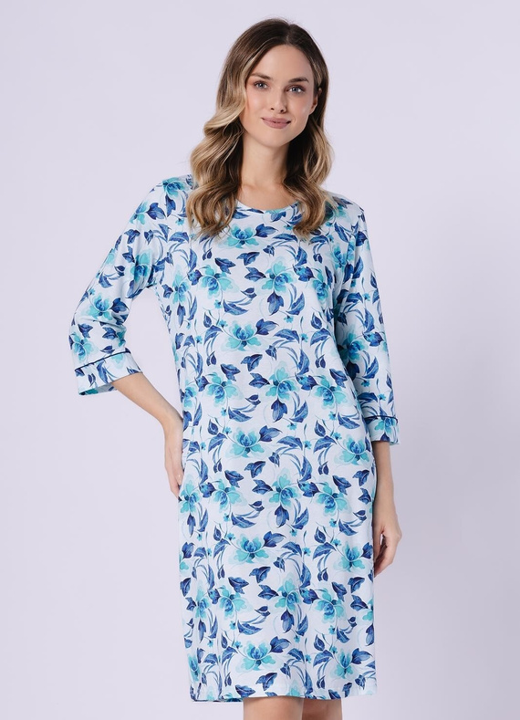 Cămașă de noapte Julita 1742 Leveza turcoaz – 100% bumbac, florală, mânecă 3/4