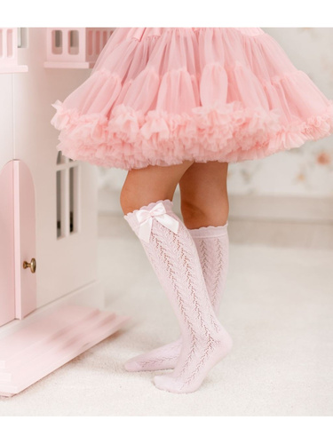 1382 Șosete până la genunchi pentru copii cu model ajurat și fundă - bumbac Milena, roz pudrat