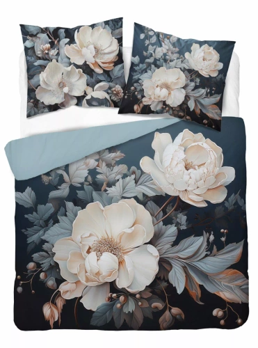 Set de lenjerie de pat 5131 A Holland Detexpol din bumbac, închis la culoare cu bujori bej și crem – 100% bumbac, față-verso, producție poloneză