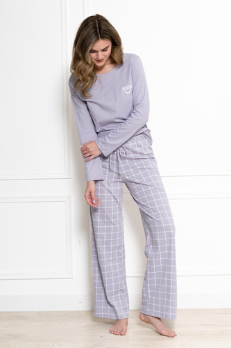 Pijamale damă Leveza 1781 Laura liliac 100% bumbac ursuleț în carouri