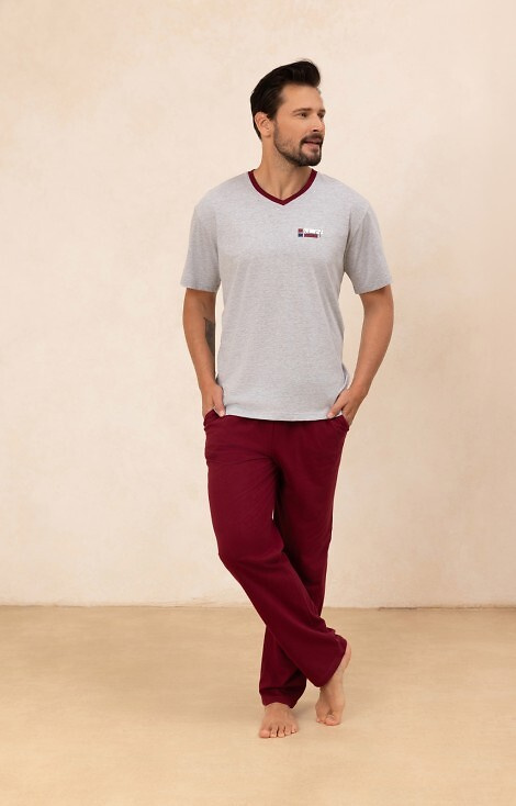 498 Pijamale bărbați Regina din bumbac, gri – Tricou cu decolteu în V + pantaloni lungi