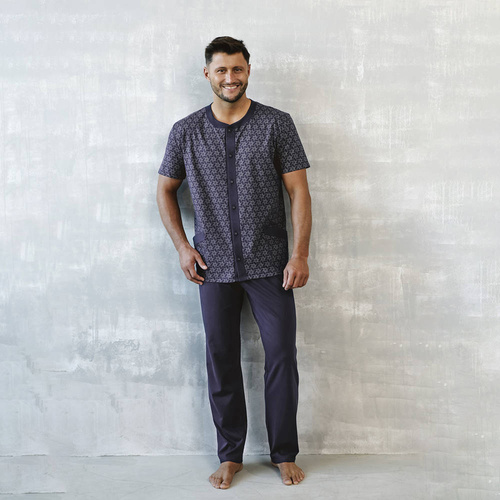 Ricardo Pijama cu mânecă scurtă pentru bărbați, pantaloni lungi Italian Fashion - albastru marin